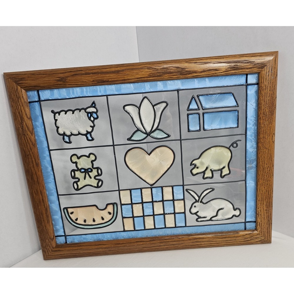 VTG 9 Panel Nursery Stained Glass Tiffany Style Wall/Window Hanging EUC